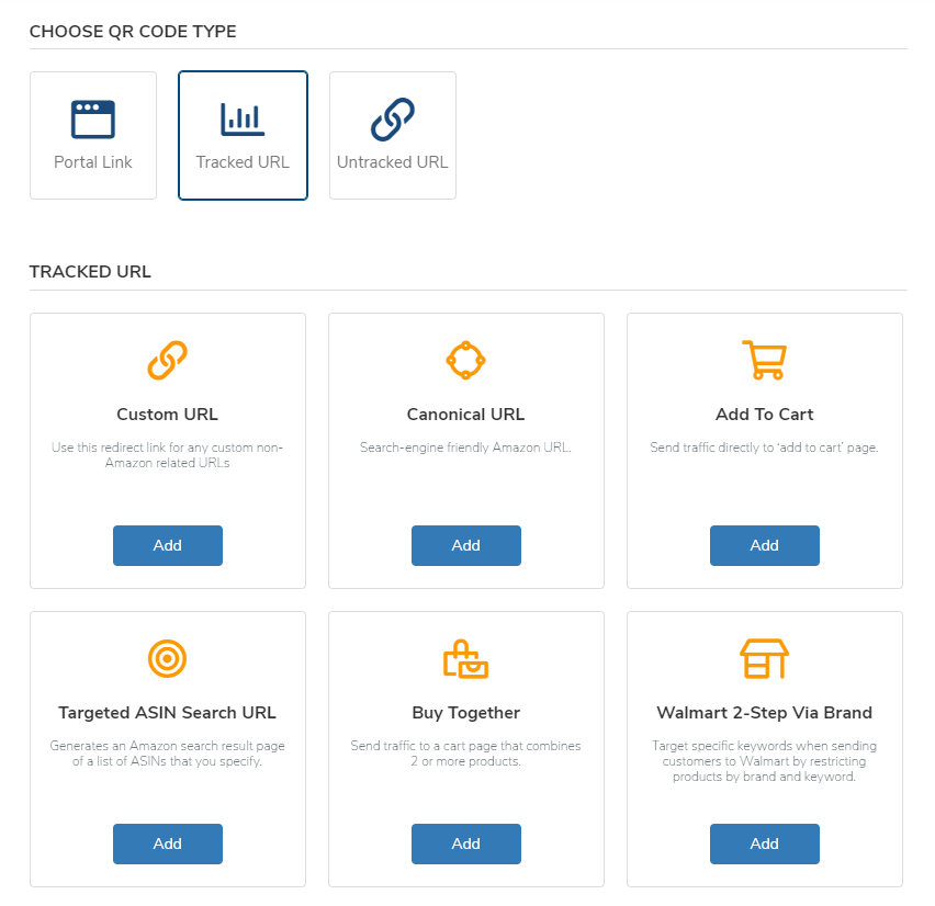 Image shows Tracked URL slected and the six options that are available: Custom URL, Canonical URL, Add to cart, Targeted ASIN search URL, Buy together, and Walmart 2-step via brand.