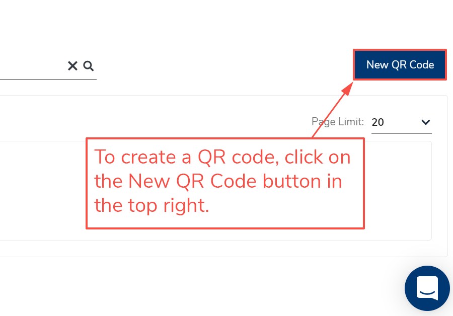 As described in the text above, the New QR Code button is highlighted in the top right corner of the site.