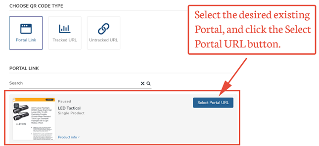 Screenshot shows the Portal Link selected and the existing portal links to choose from. Click Select Portal URL next to the one you choose.