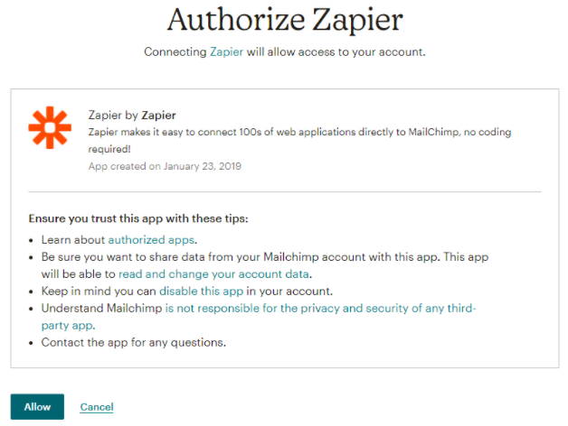 Select Allow to authorize Zapier.