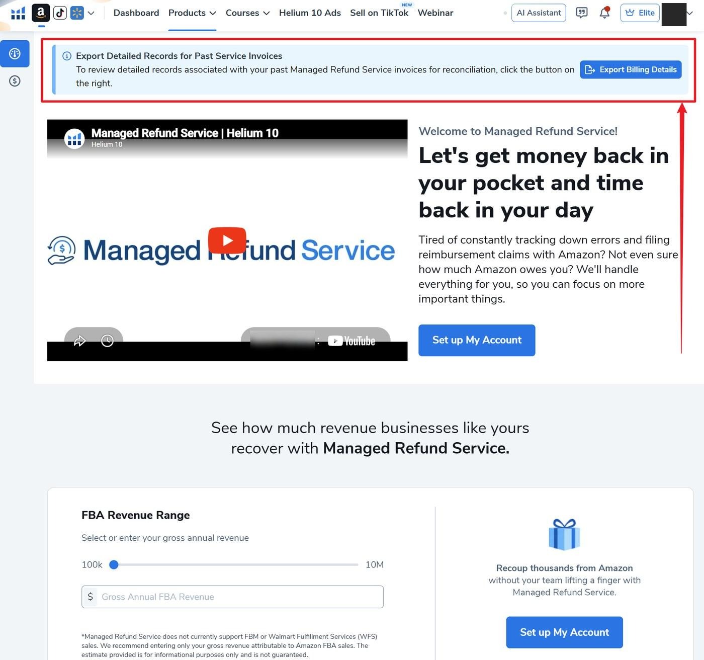MRS welcome page with export banner highlighted