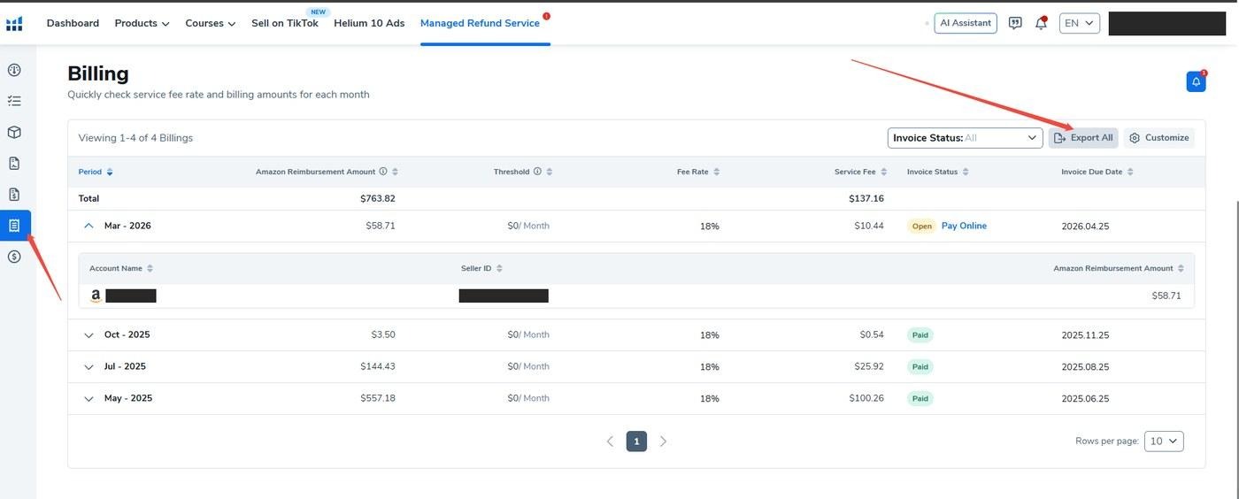 MRS Billing page with Export All highlighted
