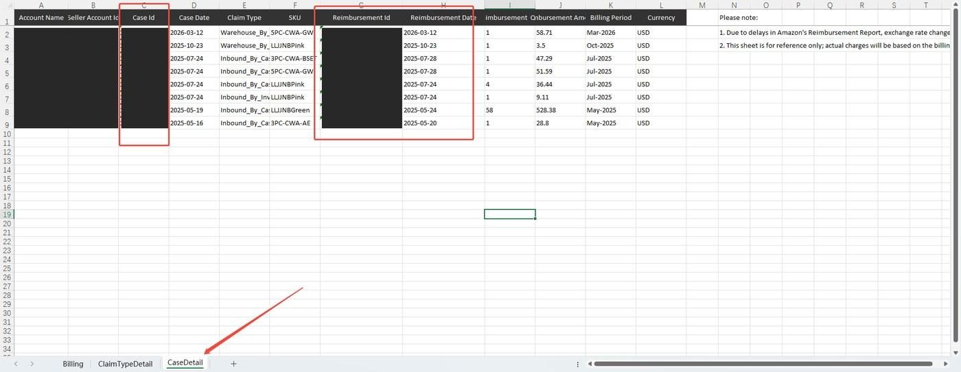 CaseDetail sheet with Case Id and Reimbursement Id columns highlighted