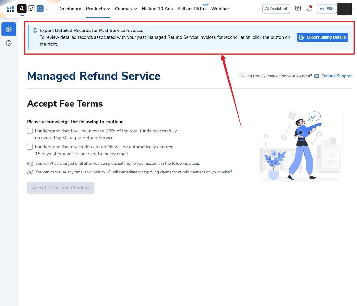 Accept Fee Terms page with export banner highlighted